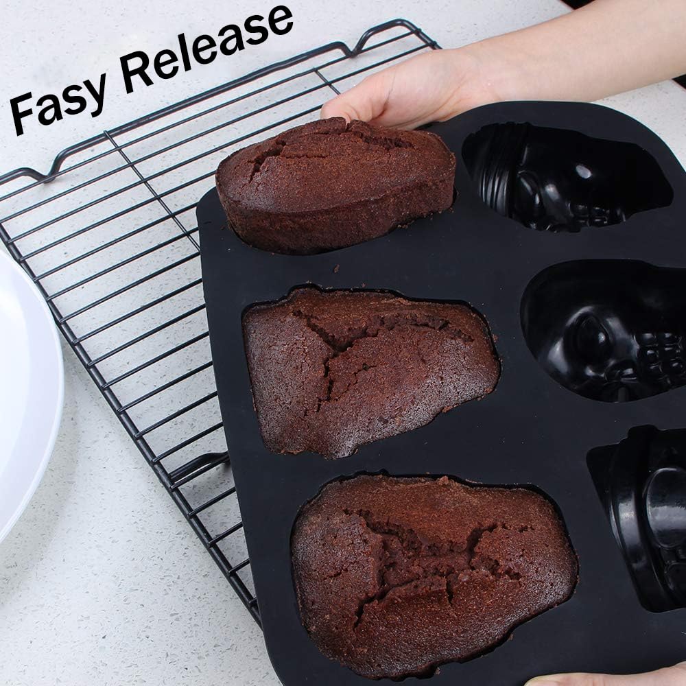Jefuzh Skull Cake Pan Silicone Mold, 6 Cavities Pirate Skull 3D Silicone Mold Baking Pan,Black Easy to Use