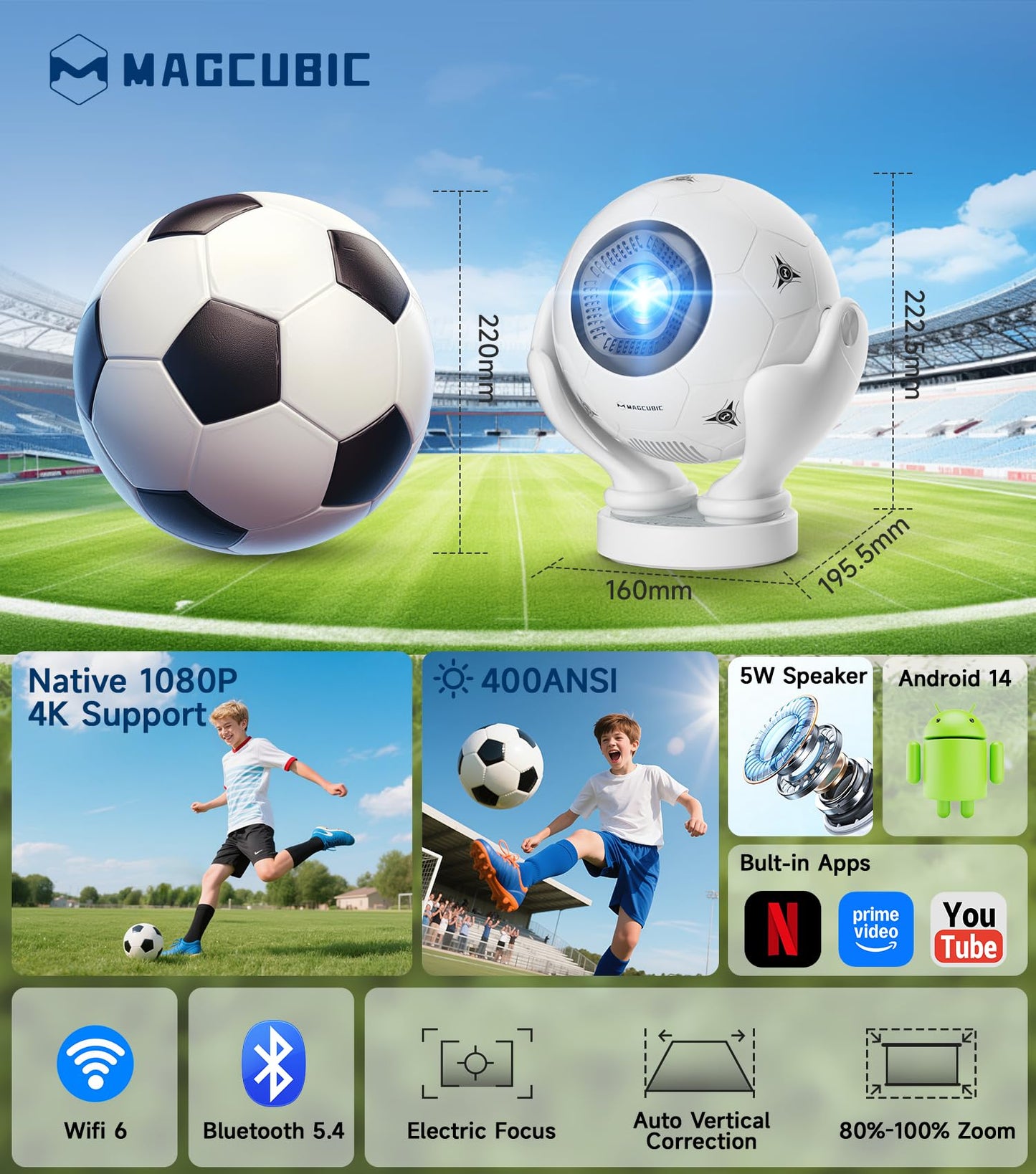Magcubic HY320F Soccer Projector, Native 1080P 4K Support, WiFi 6 Bluetooth 5.4, 400 ANSI, Android 14, Electric Focus Short Throw, Portable Mini Projector for 2026 World Cup Home Theater Outdoor