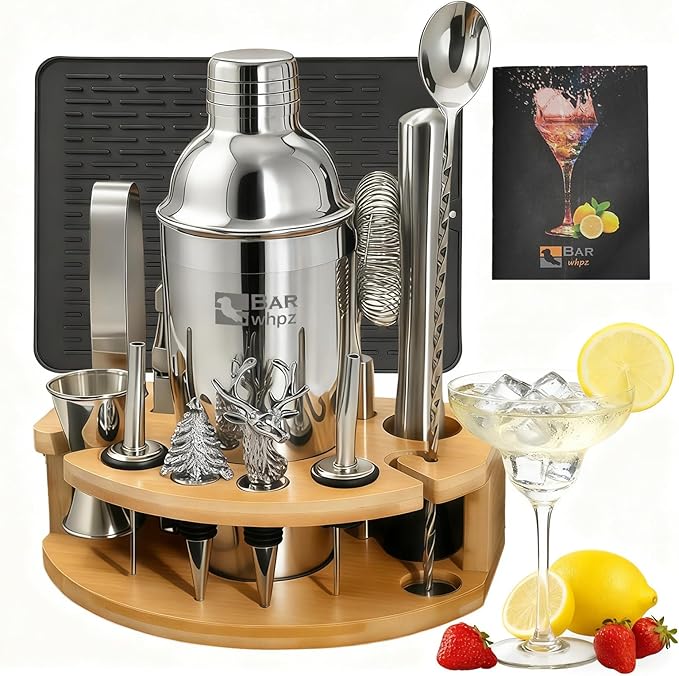 Silicone Pad Included Cocktail Shaker Set Bartender Kit,Mixology Bartender Kit 13-Piece with Bamboo Stand,Martini Shaker K...