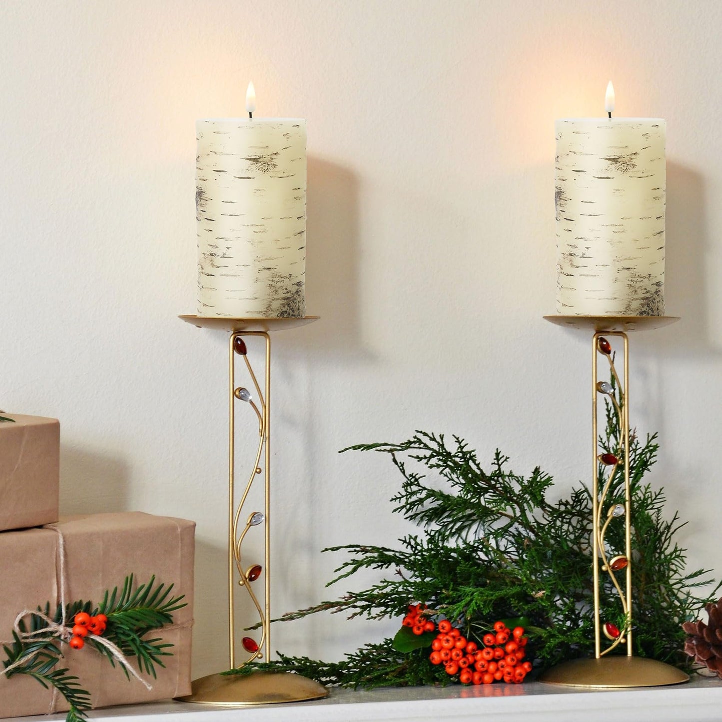Eywamage Birch Bark Flameless Pillar Candles with Remote, Flickering Rustic Battery LED Wood Candles Set of 3