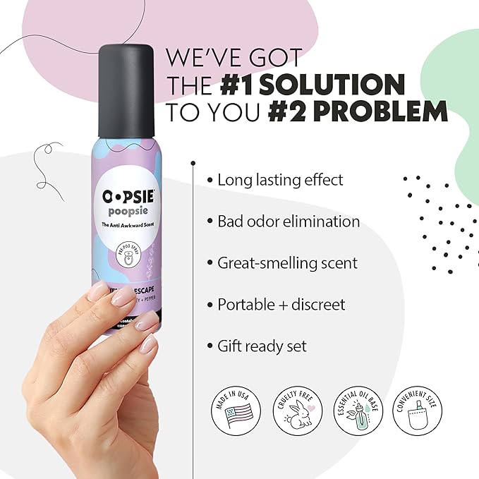 Oopsie Poopsie Pre GO toilet spray, discreet & portable original Pre-poo spray to use on the go. Assorted scents Lavender Scape/Summer Sea Toilet Odor Eliminator 2oz bottle Gift Set 2 pack