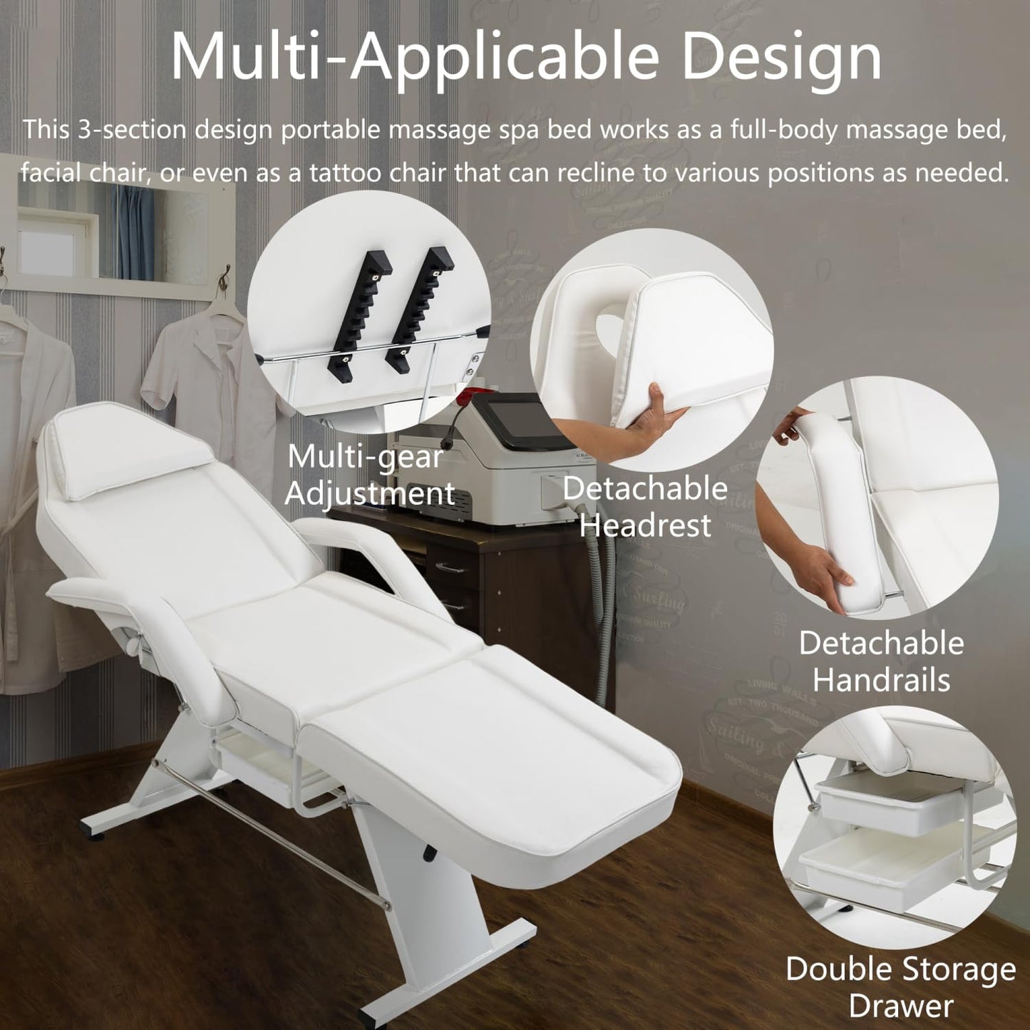 Massage Salon Tattoo Chair with Two Trays Esthetician Bed Hydraulic Stool Metal White Multi-Purpose 3-Section Facial Table Spa Beauty Equipment