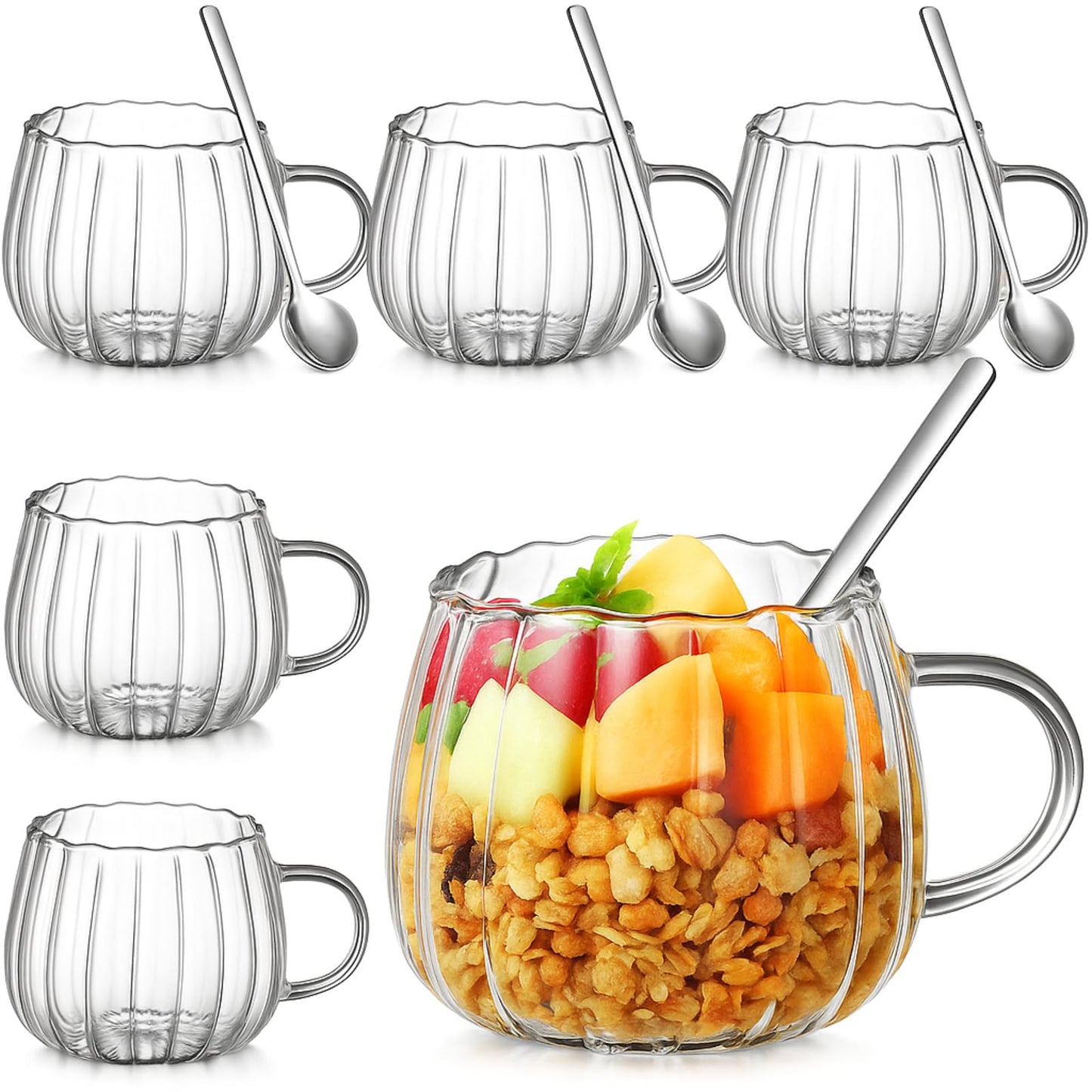 Layhit 6 Sets Pumpkin Shaped Glass Coffee Mugs with Spoons 13.5 oz Clear Tea Cups with Handle Mini Spoons for Milk, Latte, Cappuccino, Espresso, Cold or Hot Drinks
