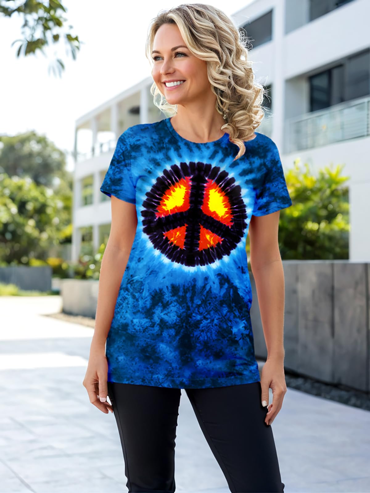 OCURHU Tie Dye Hippie Shirts for Women Hippy Retro 60s 70's T-Shirt Peace Sign Hippie Lover Gifts Tee #Seablue XL