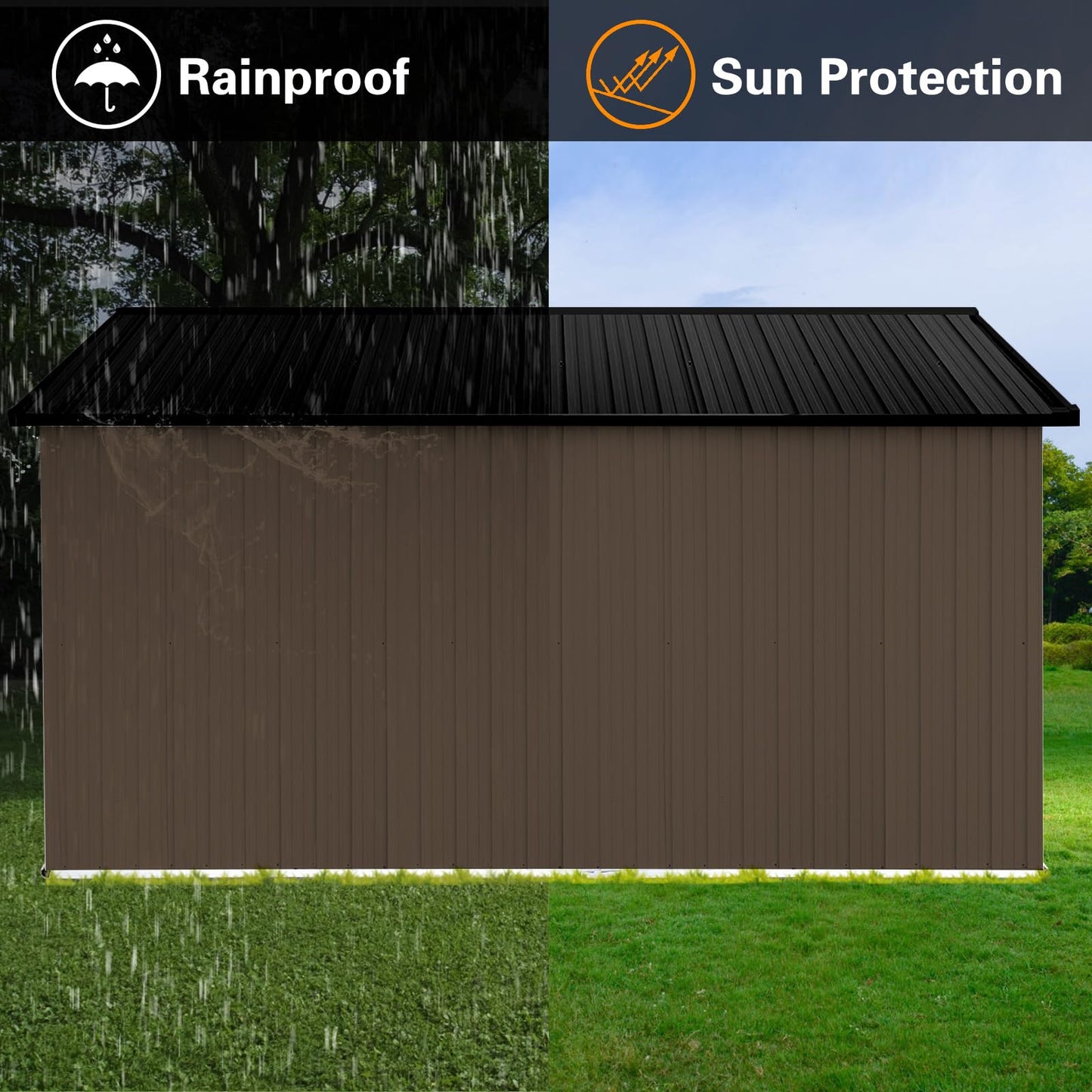 KEIKI 12x10 FT Metal Garden Shed with Window & Storage Shelves, Outdoor Storage House, Apex Roof Ventilated Heavy Duty Shed with Hinged Door for Backyard Tool Organization, Lock Included, Brown