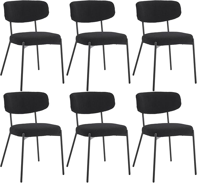 KCC Boucle Dining Chairs Set of 6, Modern Mid-Century Upholstered Stylish Kitchen Chairs Sherpa Accent Diner Chairs with Metal Legs and Curved Back for Kitchen, Dining Room(Black)