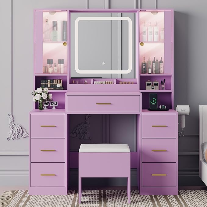 Makeup Vanity with LED Light Strip Mirror and Chair, 7 Drawers & 2 RGB Cabinets Black Vanity Makeup Desk with Power Strip, Adjustable LED Lighting, and Cushioned Stool for Women, Girls, Teens