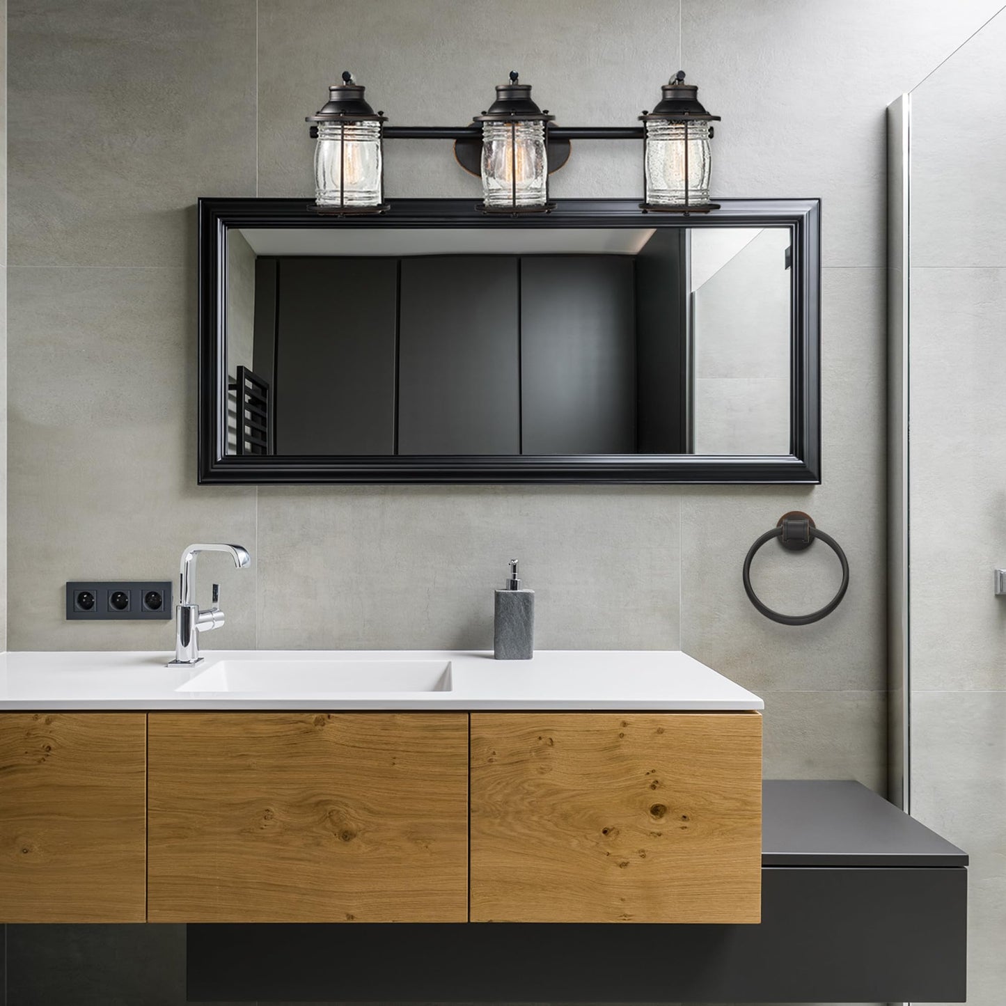 Globe Electric 51549 5-Piece All-in-One Bathroom Set, Oil Rubbed Bronze, 3-Light Vanity Wall Light with Ribbed Seeded Glass Shades, Towel Bar and Ring, Robe Hook, Toilet Paper Holder