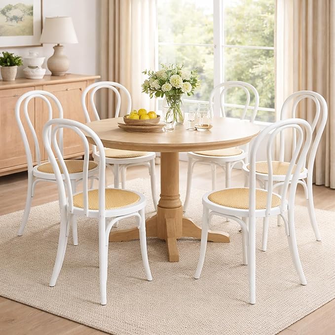 DM Rattan Dining Chairs Set of 4 Mid-Century Modern Solid Curved Wood Kitchen & Dining Chairs with Backrest, White Wood, No Assembly Required