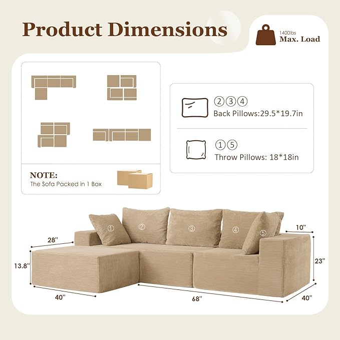 INGEROOM 108" Cloud Sectional Couch with L-Shape Chaise, Modular Sofa Memory Foam, Boneless Sofa with Movable Ottoman, Plush Corduroy Memory Foam Couch for Living Room, No Assembly, Beige Taupe