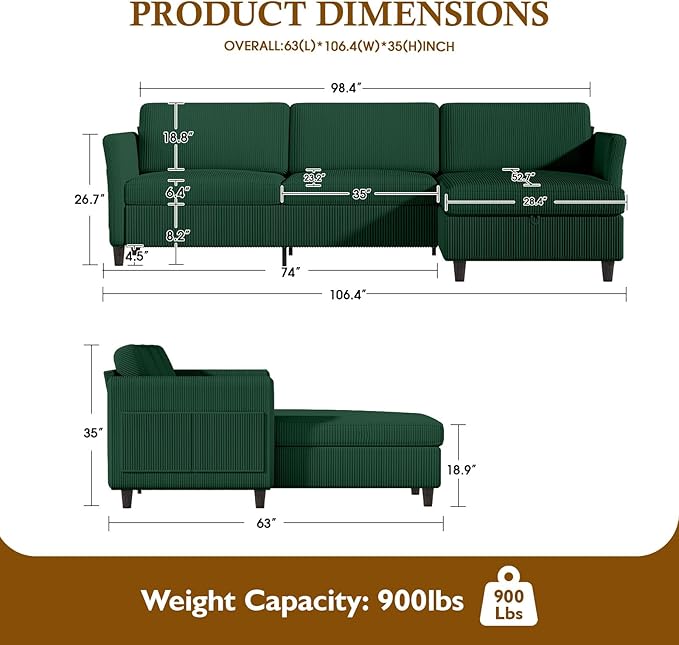 Valthie Convertible Sectional Sofa,Corduroy L-Shaped Couch with Reversible Storage Chaise,3-Seater Sofa with Side Pocket for Living Room,Bedroom and Office, 106.7",Green