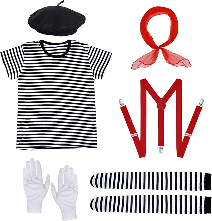 mifengda Woman Mime Costume Halloween Adult Men French Mime Artist Costume Outfit Accessories for Dress Up Cosplay Party