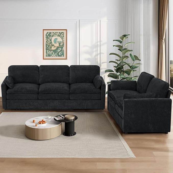 ACMEASE 2 Pieces Chenille Sofa Set w/Two Throw Pillows, Upholstered Loveseat & 3 Seater Sofa w/Comfortable Back Cushions, Modern 2-Seat & 3-Seat w/High-Density Foam for Living Room, Apartment, Black