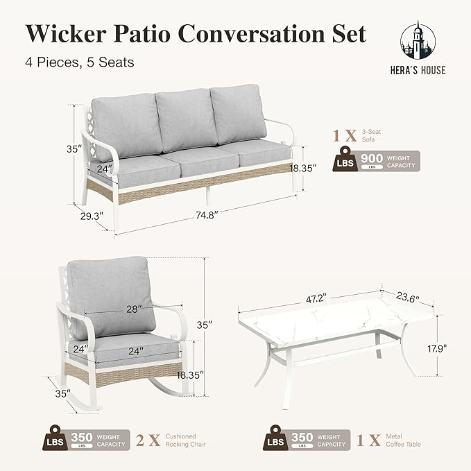HERA'S HOUSE 4-Piece Patio Furniture Set with Metal & Rattan Design, Includes 2 Rocking Chairs, 3-Seat Sofa & Marble Coffee Table, All-Weather Outdoor Conversation Set for Garden Backyard, Grey