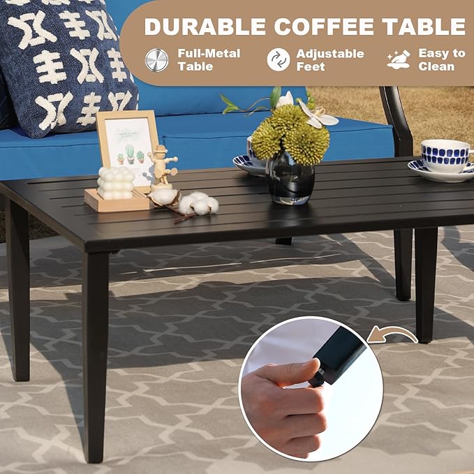 SunloungeCo 4-Piece Patio Furniture Set, Wider Outdoor Metal Seating Sofa with High Back & Loveseat, Coffee Table, All Weather Metal Conversation Set for Backyard, Poolside, Deck-Peacock