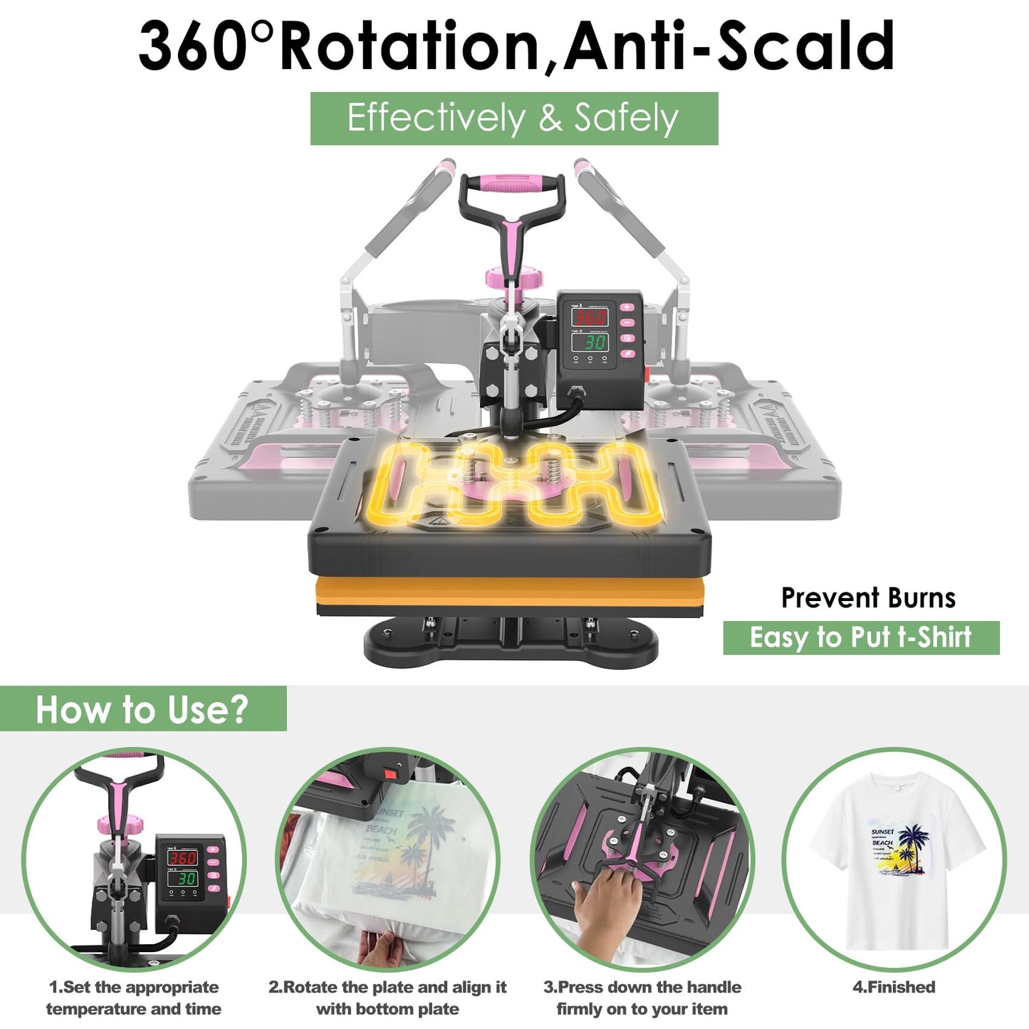 Seeutek Heat Press 5 in 1 Heat Press Machine 12x15 inch T Shirt Pressing Machine with 360 Degree Swing Away, Multifunction Heat Transfer Sublimation Combo for T Shirts Mugs Hat Plate Cap Pink