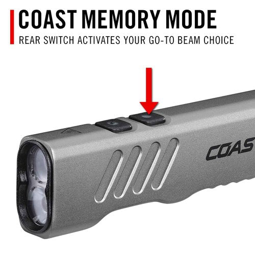 Coast Slayer 1150 Lumen USB-C Rechargeable LED Flashlight with Spot/Flood, Memory Mode and Pocket Clip, Silver