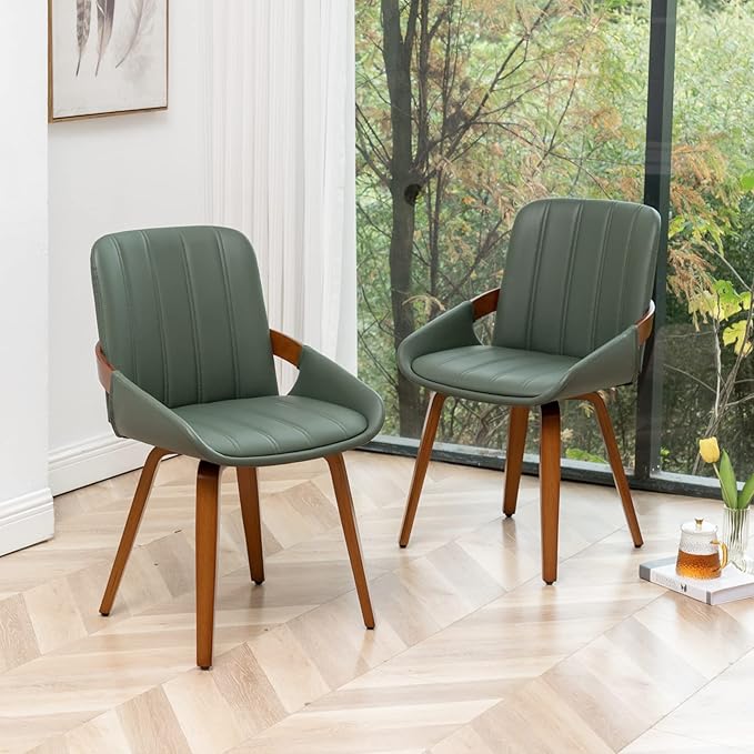 YOUUGIOR Mid Century Modern Faux Leather Upholstered Dining Chairs,Armless Accent Chairs with Sturdy Natural Wood Legs,Bamboo Backrest Support for Kitchen&Dining Room Chairs(Set of 4,Green)