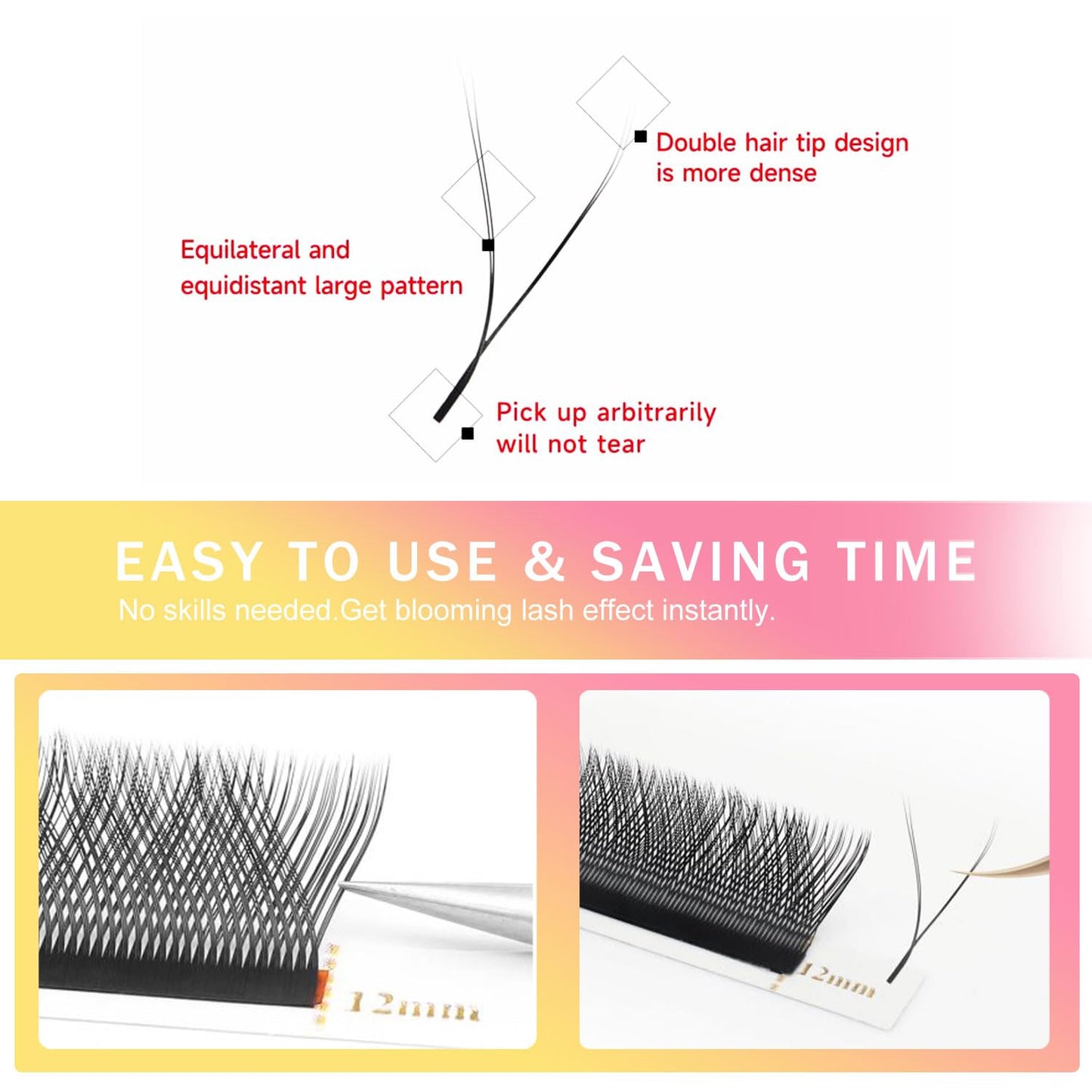 YY Lash Extensions Supplies Y Eyelash Extensions 0.05mm Thickness C Curl 10mm Premade Fans 4D Russian Volume Matte Black 12 Rows Crisscross Eye Lashes(YY-0.05-C,10mm)