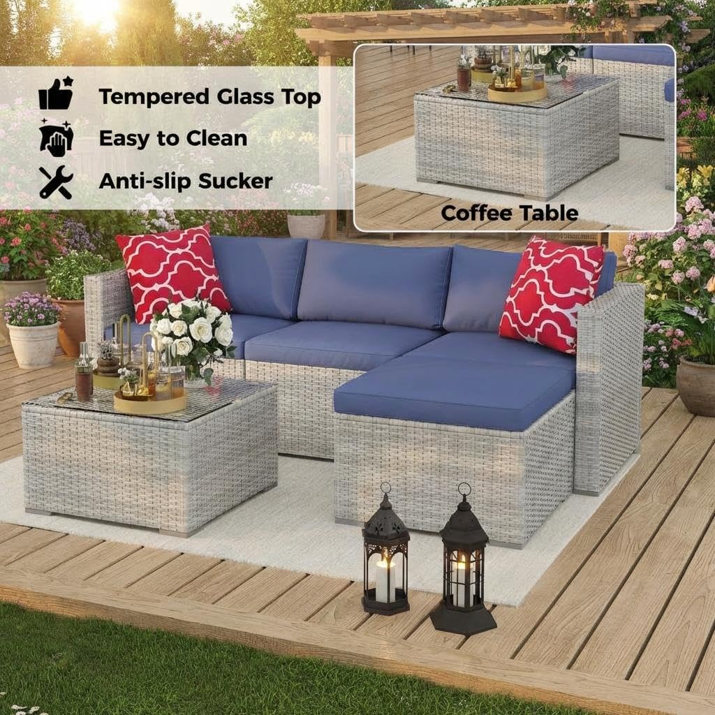 5-Piece Outdoor Sectional Sofa Set, Outdoor Patio Set Sectional Sofa, All-Weather PE Rattan Patio Furniture with Ottoman & Tempered Glass Table for Garden, Backyard, Porch, Poolside (Brown/Blue)