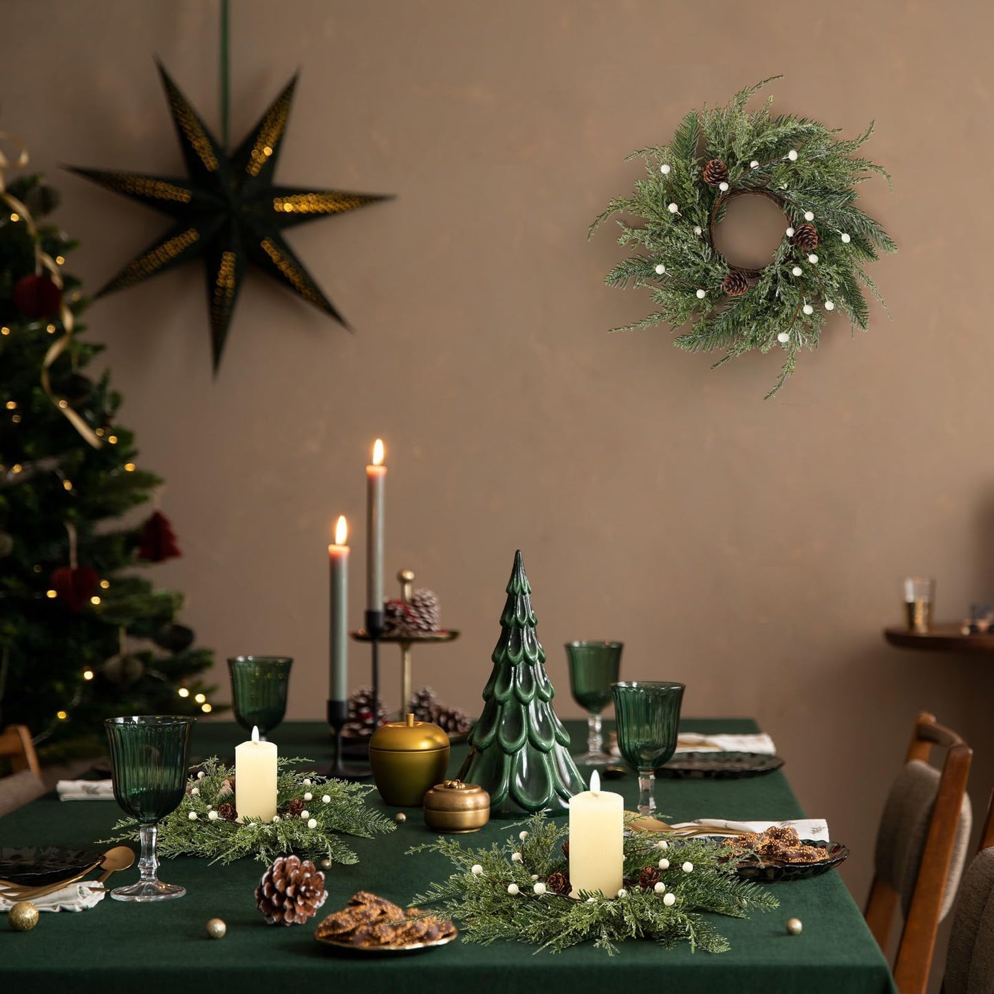 6 PCS Christmas Wreath Candle Rings Mini Wreath Pine Garland Artificial Frosted Cedar and Pine Cone Candle Rings Holder for Christmas Wedding Home Table Centerpiece Door Window Chair Wall