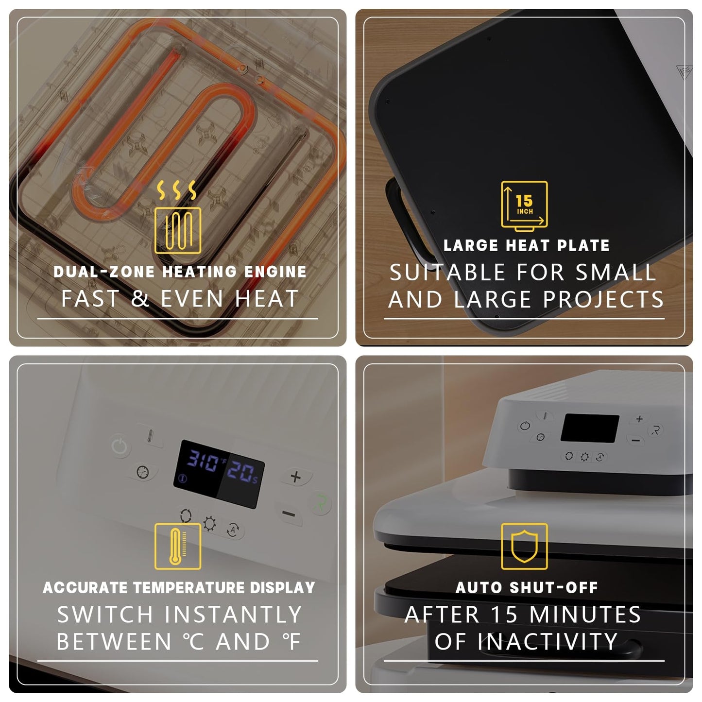 HTVRONT Auto Heat Press Machine for T Shirts - 15x15，52 Pcs Heat Press Accessories & 15"x15" Heat Press Mat for Cricut，12" x 20ft Black & White Heat Transfer Vinyl