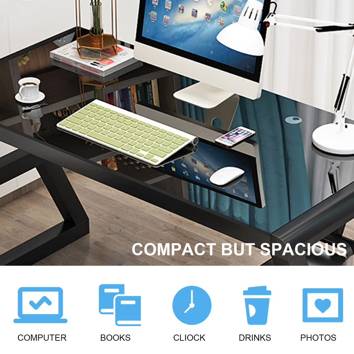 IPKIG Glass Computer Desk, Modern Computer Desk with Carbon Steel Frame and Glass Top, Home Office Desks Computer Table Study Writing Desk Workstation for Living Room (Black, 55.1 Inch)