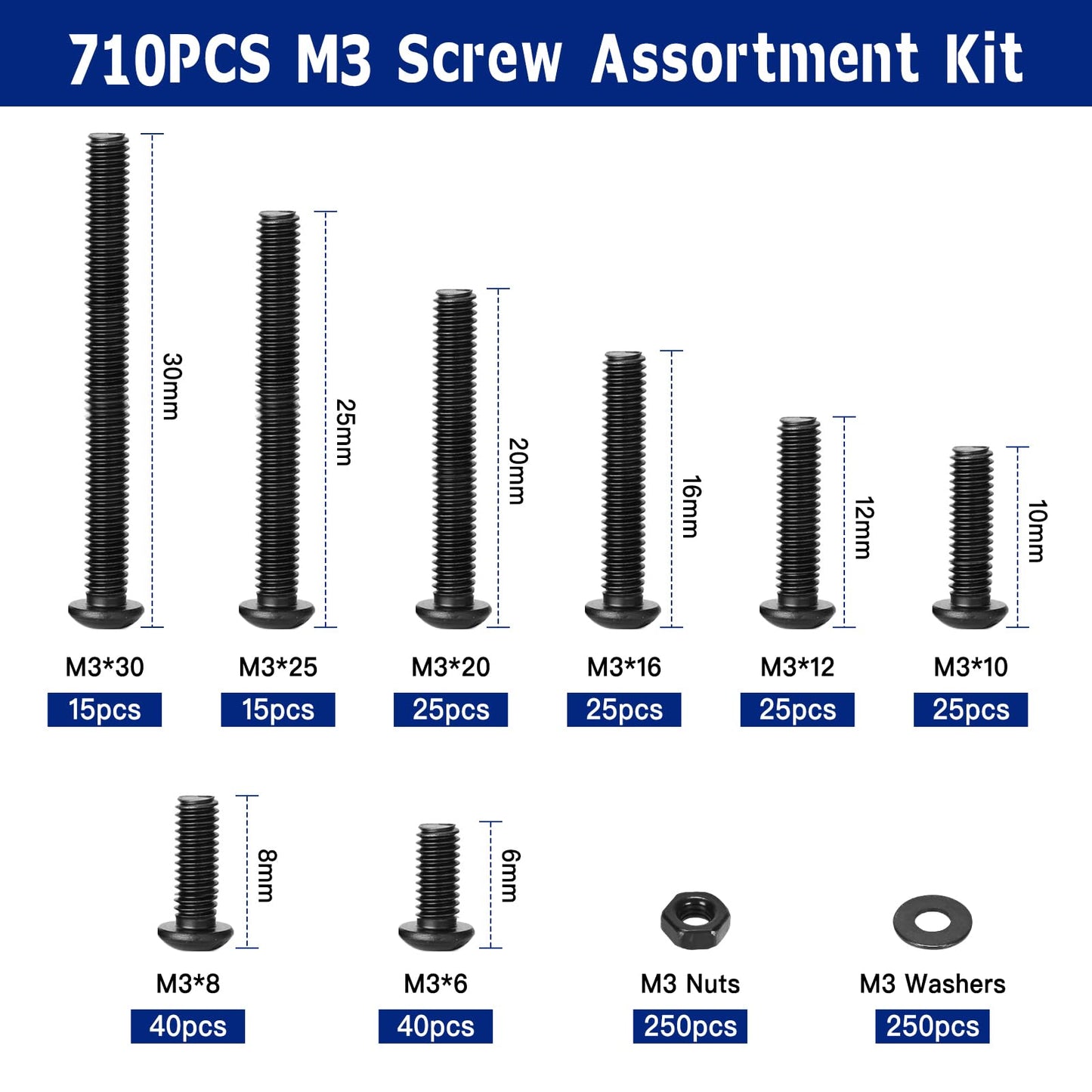 710PCS M3 Screw Assortment Kit, M3x6/8/10/12/16/20/25/30mm M3 Screw Kits, 10.9 Grade Alloy Steel Metric Hex Button Head Cap Screws, Nuts and Flat Washers, Black Zinc Plated Screw Set for 3D Printing