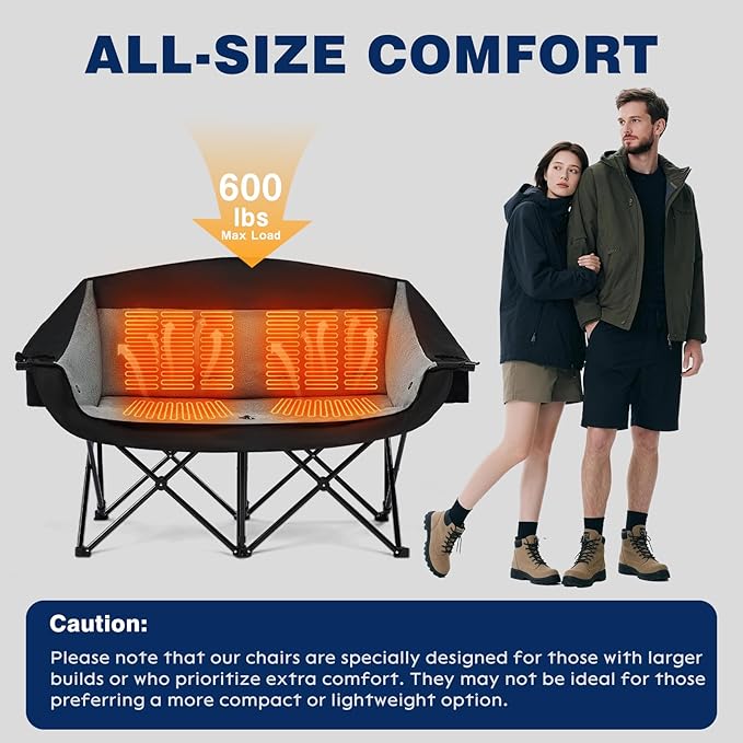 apollo walker Heated Double Camping Chair - Extra Wide Heavy Duty 600lbs Camping Couch with Adjustable Heating, Dual Cup Holder & Carry Bag, Loveseat Camping Chair for Outdoor, Lawn, Park
