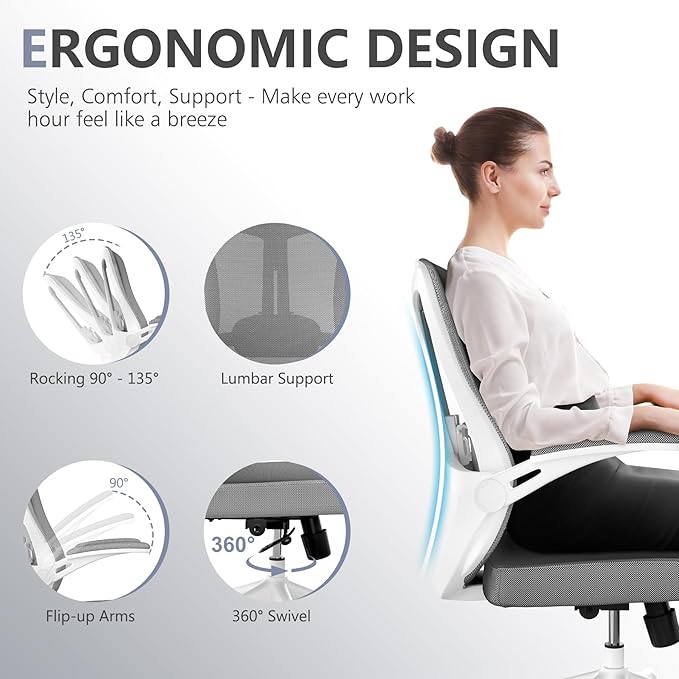 Office Chair, Ergonomic Comfort Home Desk Chair, Mid Back Gaming Chair with Wheels, Adjustable Height, Lumbar Support, Flip-up Armrest with 350LBS Capacity
