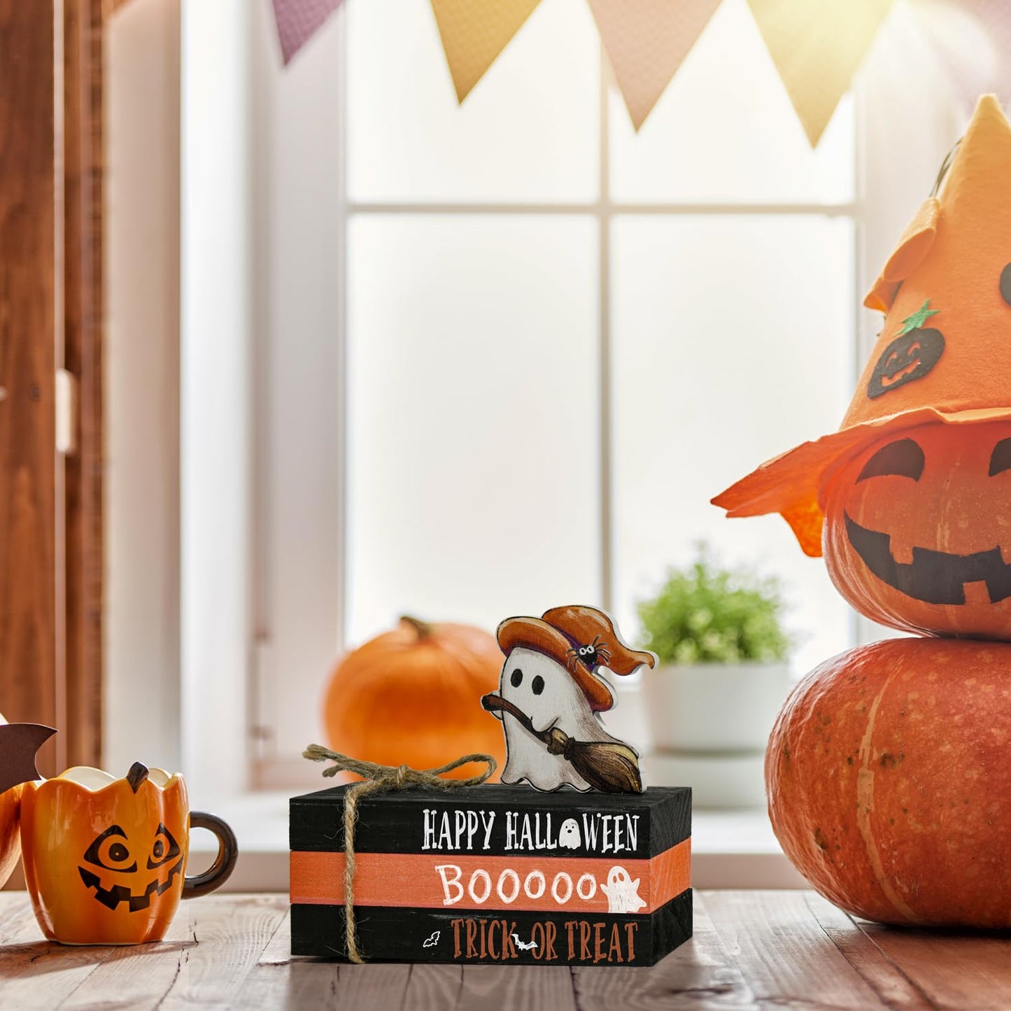Smile Halloween Wooden Stack, Ghost Bat Mini Faux Books Bundle, Trick or Treat Tiered Tray Decorations, Indoor Decor for Kitchen Bathroom and Home Table Shelf