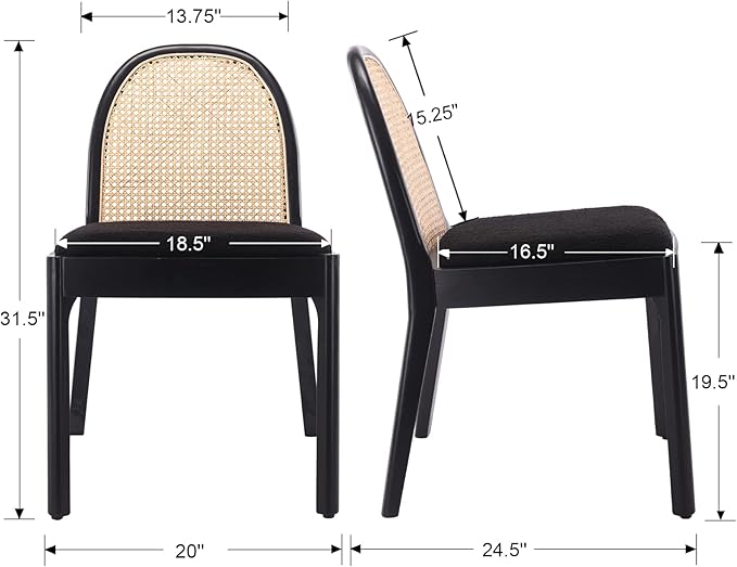 DUOMAY Mid-Century Modern Rattan Dining Chairs Set of 8, Wooden Dining Room Chair with Cane Backrest and Padded Seat, Black Sherpa Upholstered Dining Chair, Black Finish