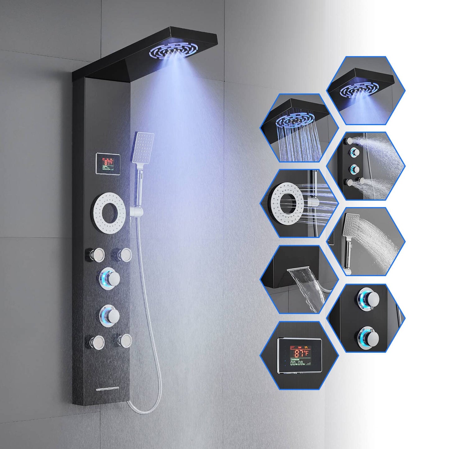 ROVOGO Shower Panel System with Led Lights No Battery Needed, MIST & RAIN Shower, 5 Body Jets, Handheld, Tub Spout and Temperature Display, Water Powered Led Shower Tower Column Stainless Steel, Black