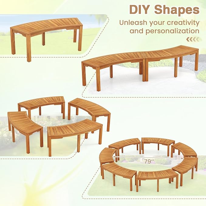 Tangkula Outdoor Curved Bench, Acacia Wood Fire Pit Bench w/Slatted Seat, Patio Backless 2-Person Seating for Porch, Yard, Garden, 800 LBS Max Load, Oil Painted (4, 45")