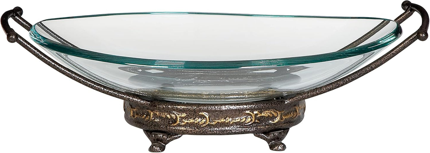 Deco 79 Tempered Glass Kitchen Serving Bowl with Brown Metal Base, 17" x 11" x 5", Clear