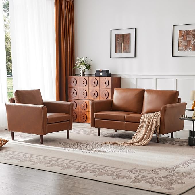 Kingfun Living Room Furniture Sets, Loveseat and Armcahir, Mid Century Modern Sofa Set, Faux Leather Couch with Solid Wood Frame for Living Room & Bedroom, Chestnut
