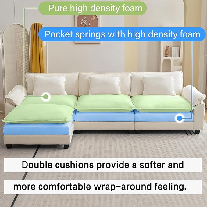 Oprisen 120" Modular Sectional Sofa, Comfy Cloud Couch Sectional Sofa with Ottoman, Chenille Sofa Sleeper Deep Seat Sofa with Throw Pillows for Living Room (Beige White, 120"- L Shape)