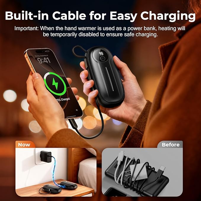 Hand Warmers Rechargeable 2 Pack,14000mAh Dual-Sided 5 Level Electric Pocket Heater with Built-in USB-C Cable, Full-Palm Fast Heating 24hrs, LED Display, Portable Charger, Gifts for Men Women