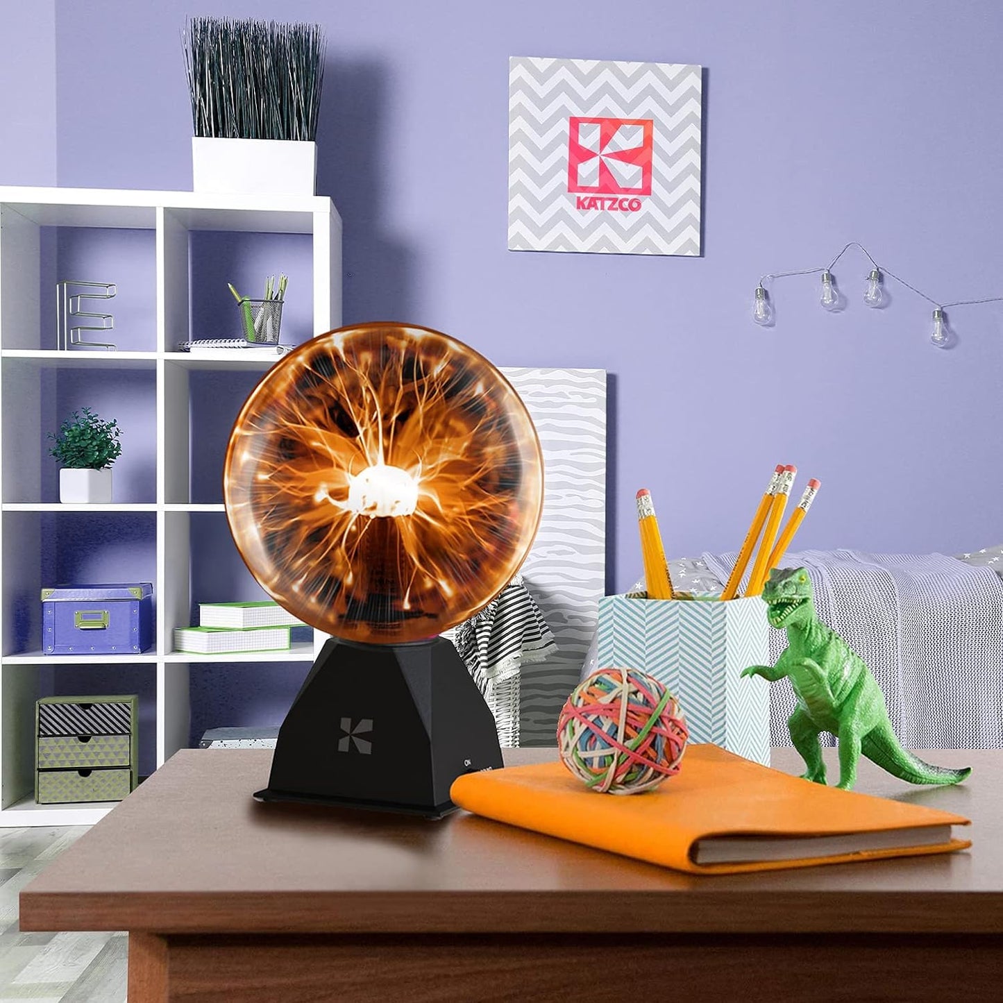 Katzco 7.5-Inch Orange Interactive Plasma Ball - Nebula Sphere, Thunder Lightning, Plug-in - Touch and Sound Sensitive Plasma Globe, STEM Science Toy for Parties, Decorations, Prop, Kids, and Gifts