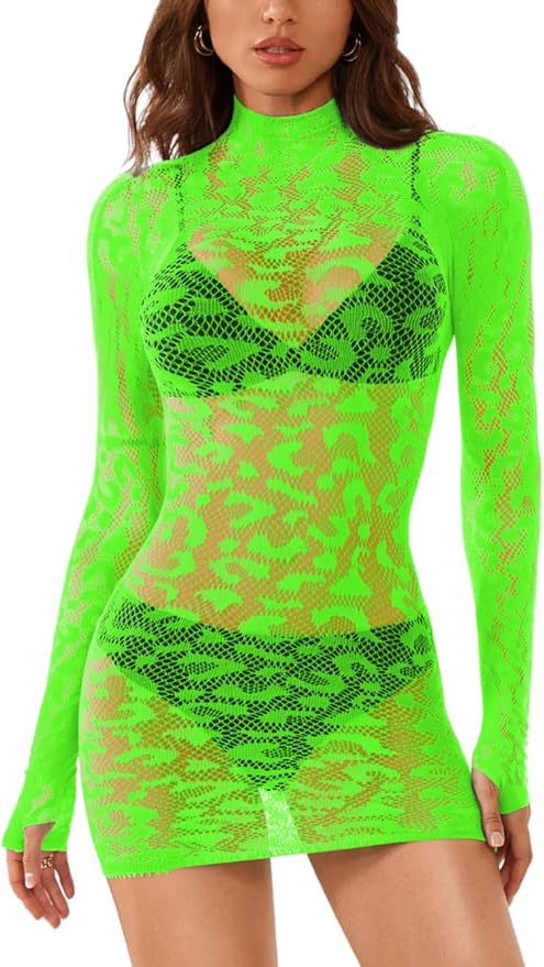 EHSUYAB Women Sexy Leopard Mini Fishnet Bodycon Dress, Long Sleeve Sheer Mesh, Going Out Rave Party Exotic Dancer Outfit 0-14