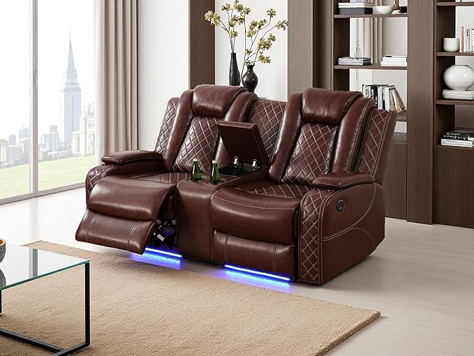 Dekmxas Power Recliner Sofa Set with Cup Holders, Living Room Furniture Sofa Sets, Brown Breathing Leather Reclining Loveseat with LED Light & Storage Console for Office & Dorms & Living Room
