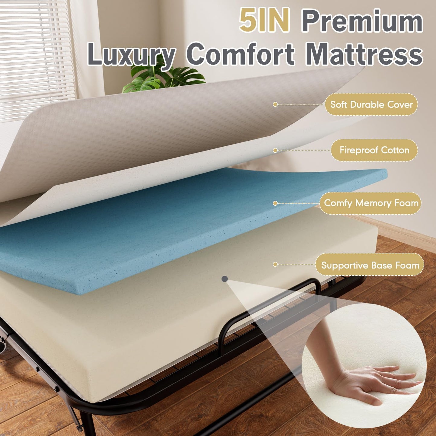 Pelnuies Nuvatheon Folding Bed with Mattress for Adults, Foldable Bed Frame, Portable Rollaway Bed with 5-inch Memory Foam Mattress & Sturdy Metal Frame, Space-Saving Easy Storage,75"x 31"