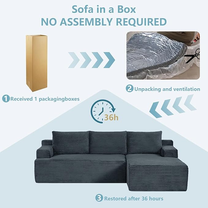 96" Cloud Sectional Couch with L-Shape Chaise, Modern Corduroy Boneless Couch for Living Room,Memory Foam Sofa with Deep Seat,No Assembly Required (Dark Gray,Right-Facing Chaise)