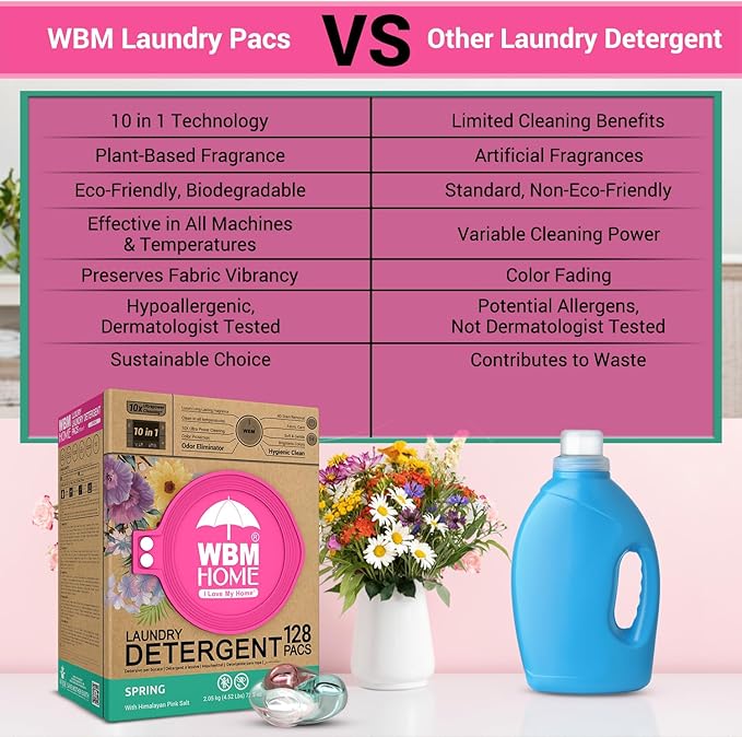 WBM Laundry Detergent Pods, Spring Fragrance Scent, 128 Count - HE Concentrated Laundry Pods With 10x Ultrapower Cleaning and 4D Laundry Stain Remover