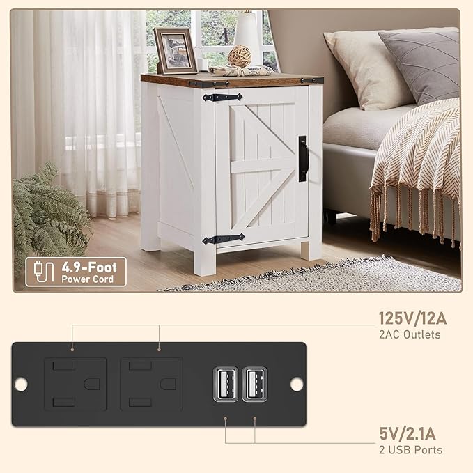 OKD Farmhouse Nightstand Set of 2 with Charging Station, 18 Inch Rustic End Table with Barn Door Cabinet, Adjustable Storage Shelf, Wood Sofa Side Table for Living Room, Bedroom, Antique White