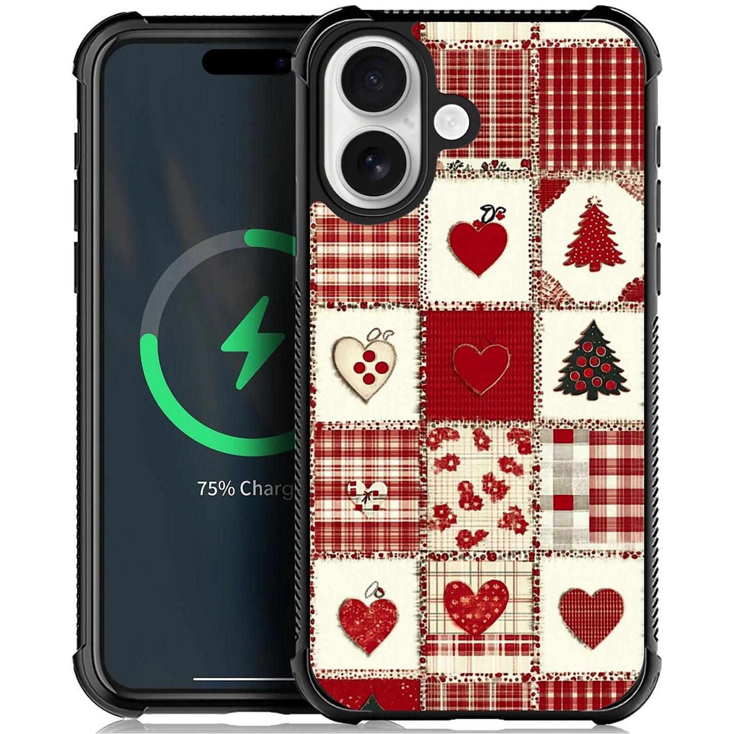 XUANWENPA for iPhone 16 Case,The Black Shell Design is Bright,Anti Drop and Dust-Proof,Christmas Tree and Checkered Heart.