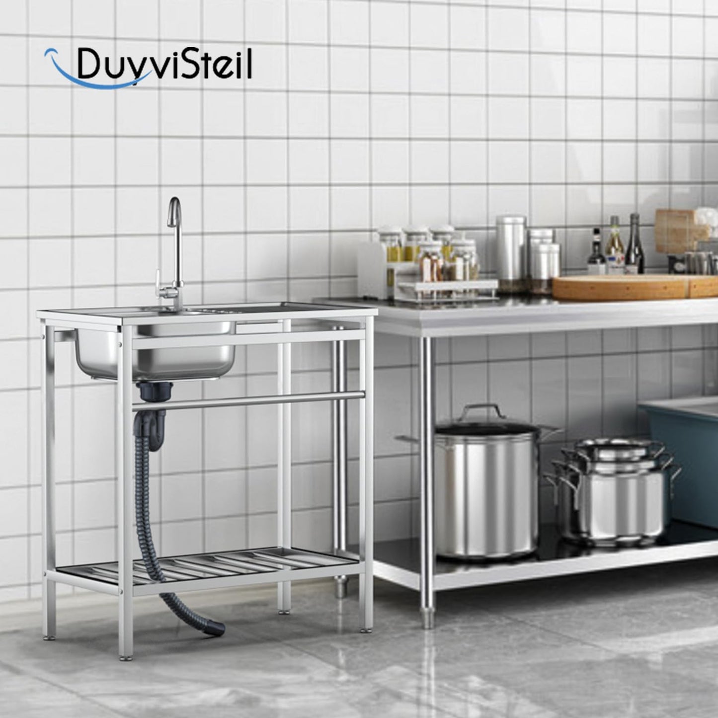 DuyviSteil Free Standing Single Bowl Kitchen Sink, Stainless Steel Utility Sink with Dual-inlet Design Faucet for Kitchen, Garage, Backyard