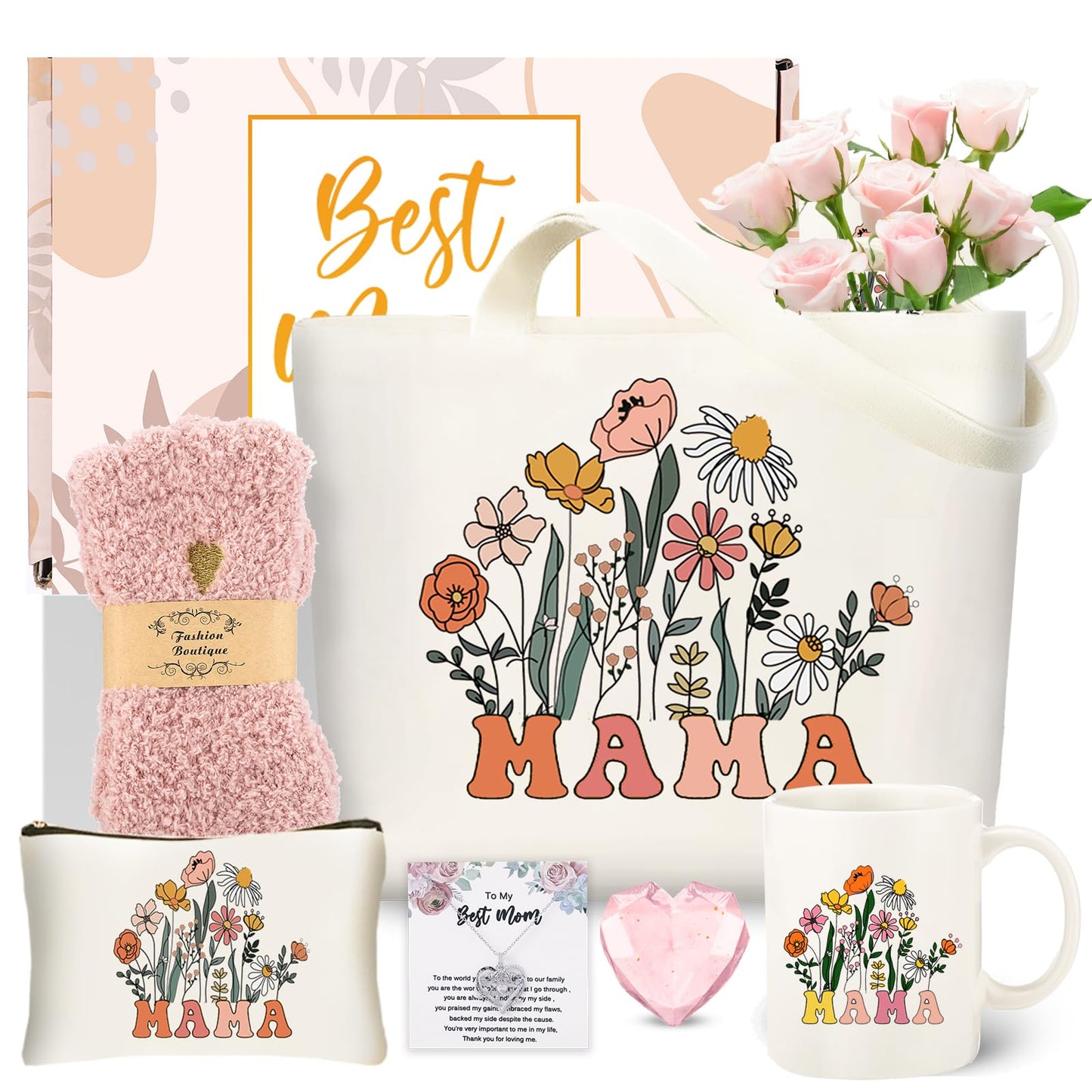 DHQH Mother’s Day Gifts for Mom from Daughter Son, Mama Birthday Gifts Set, 11oz Coffee Mug with Tote Bag, Mama Necklace for Women