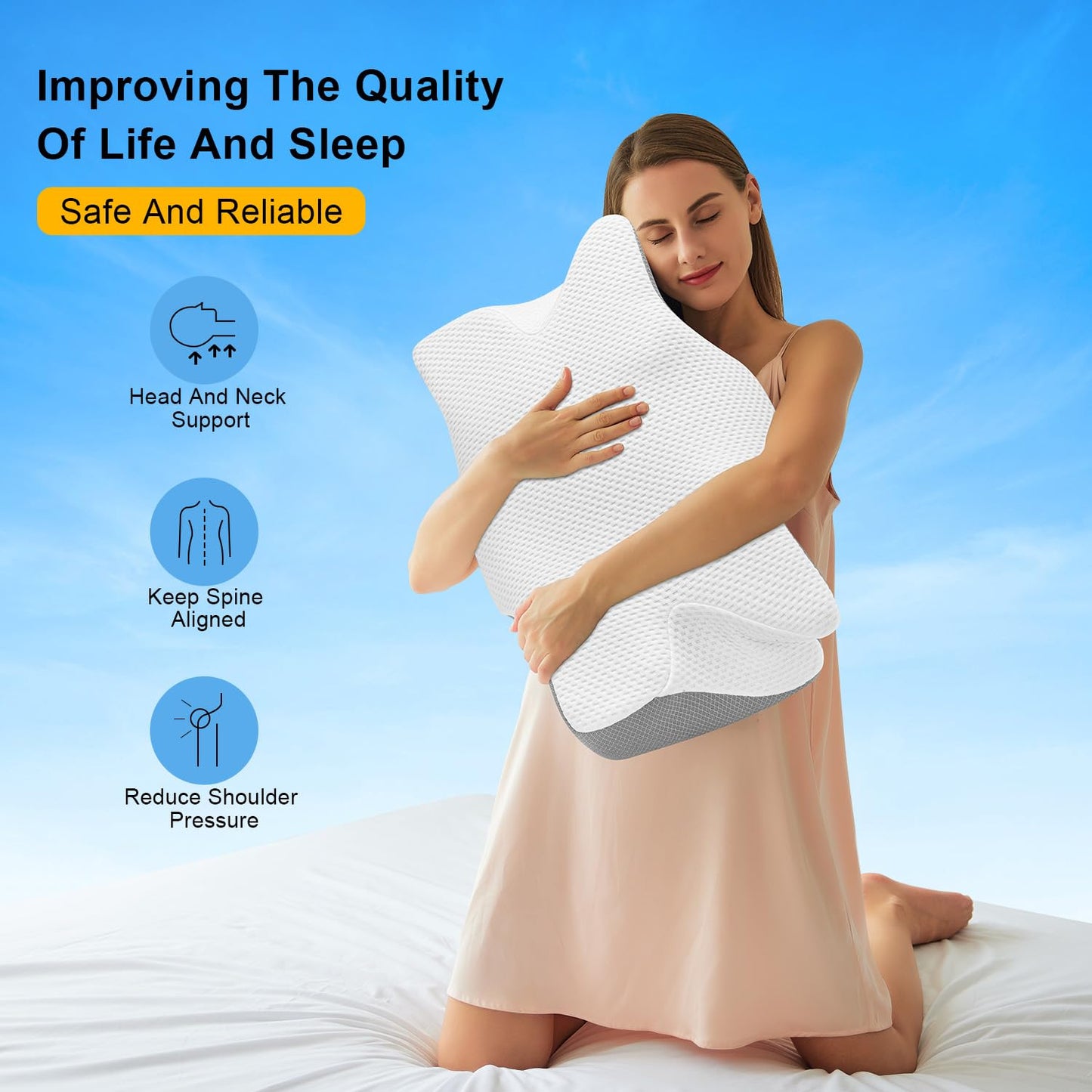 Anvo Cervical Pillow for Neck Pain Relief, Neck Pillows for Pain Relief Sleeping, Memory Foam for Back and Shoulder Pain, Ergonomic Design for Side Back Stomach Sleeper, Cream Soft Queen