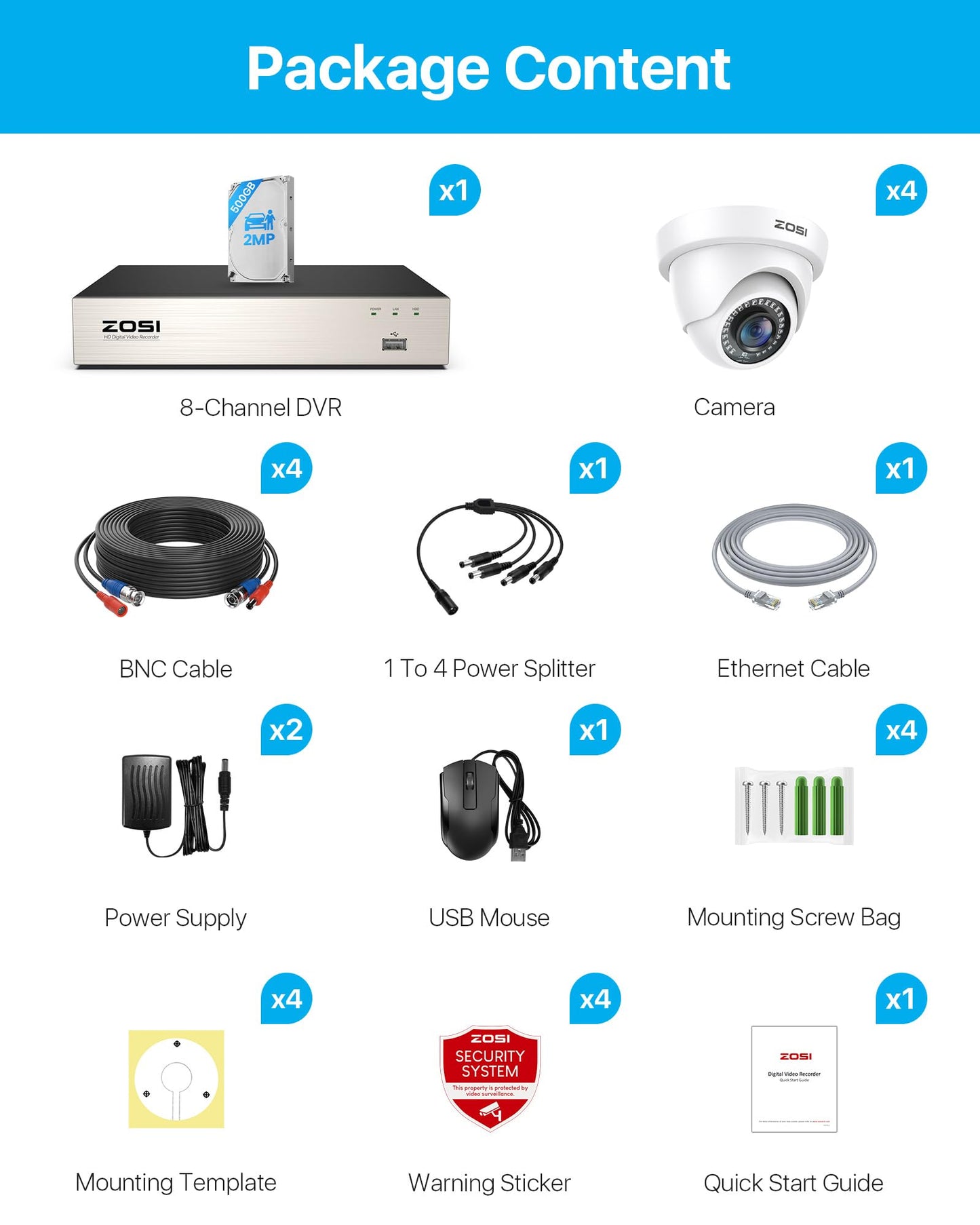 ZOSI 3K Lite 8CH Home Security Camera System with AI Person/Vehicle Detection, 4pcs 2MP Wired Dome Cameras Outdoor Indoor, Night Vision, H.265+ 8Channel DVR with 500GB Hard Drive for 24/7 Recording
